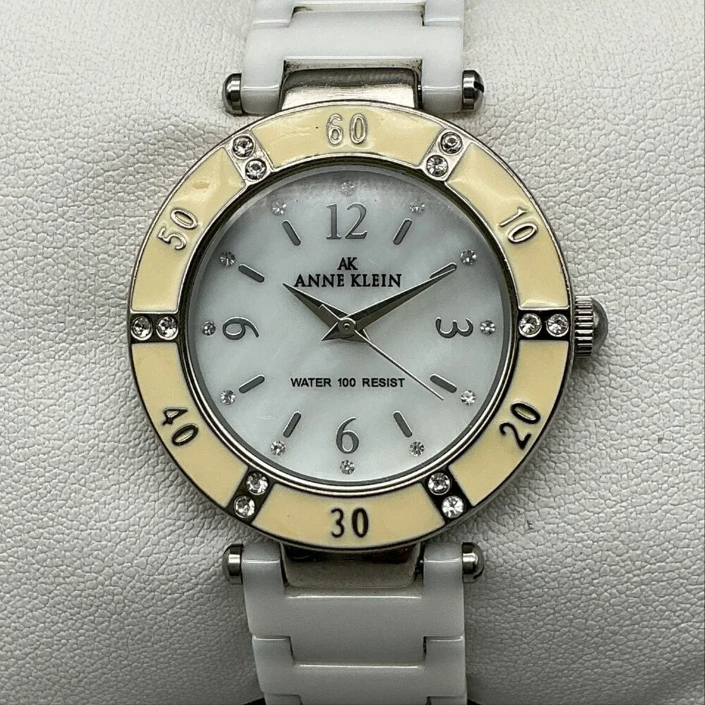 Anne Klein Womens Watch 32mm MOP Dial White Resin Crystals New Battery 6.75